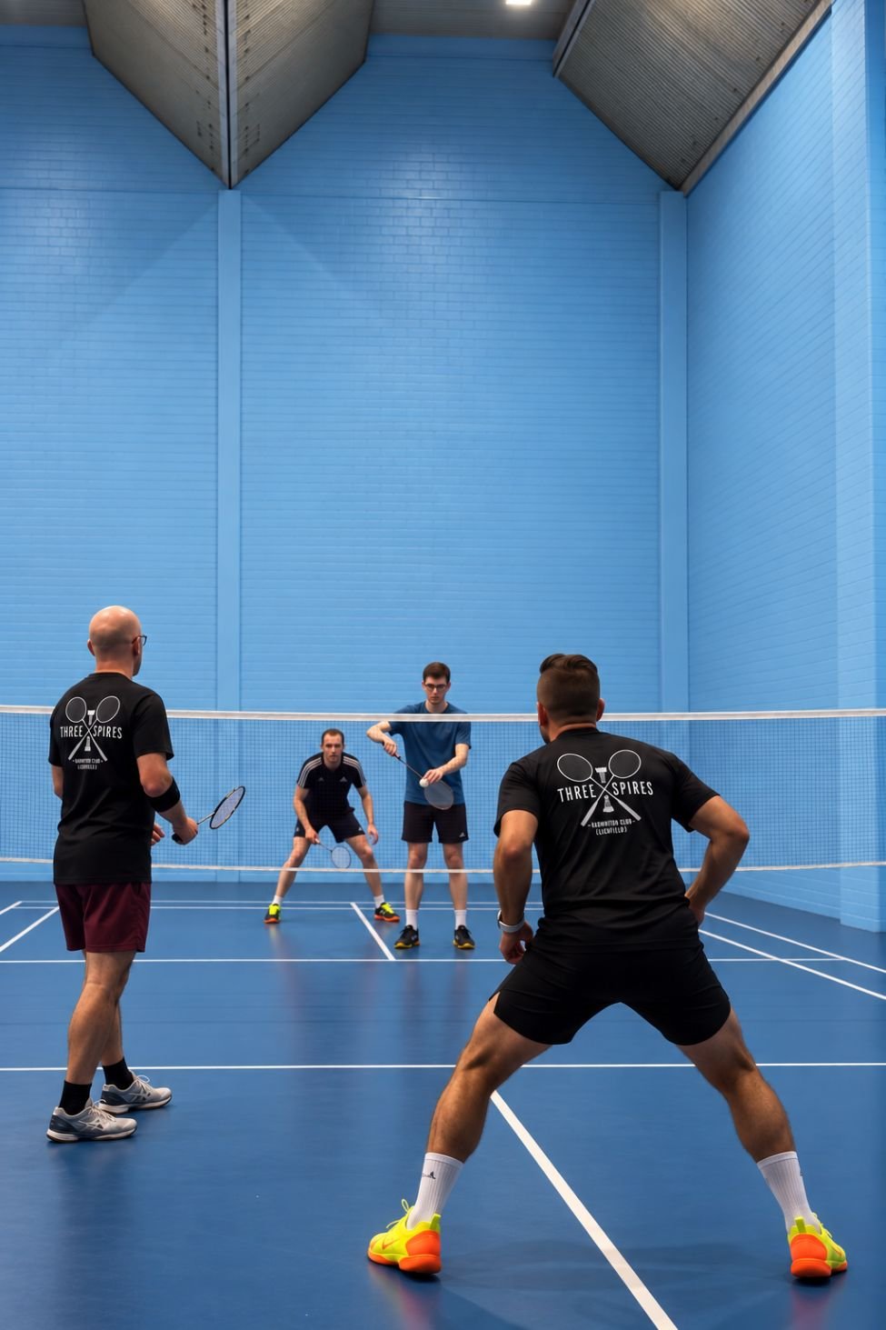 A Three Spires player hitting an overhead smash on court in Lichfield